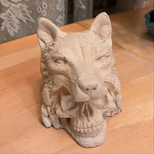 Handmade Cement Skull with Wolf Headdress Paperweight